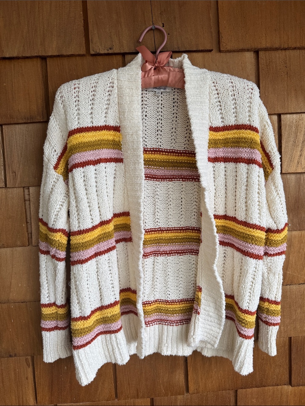 Women’s Open Front Cream Knit Cardigan with Yellow and Pink Stripes